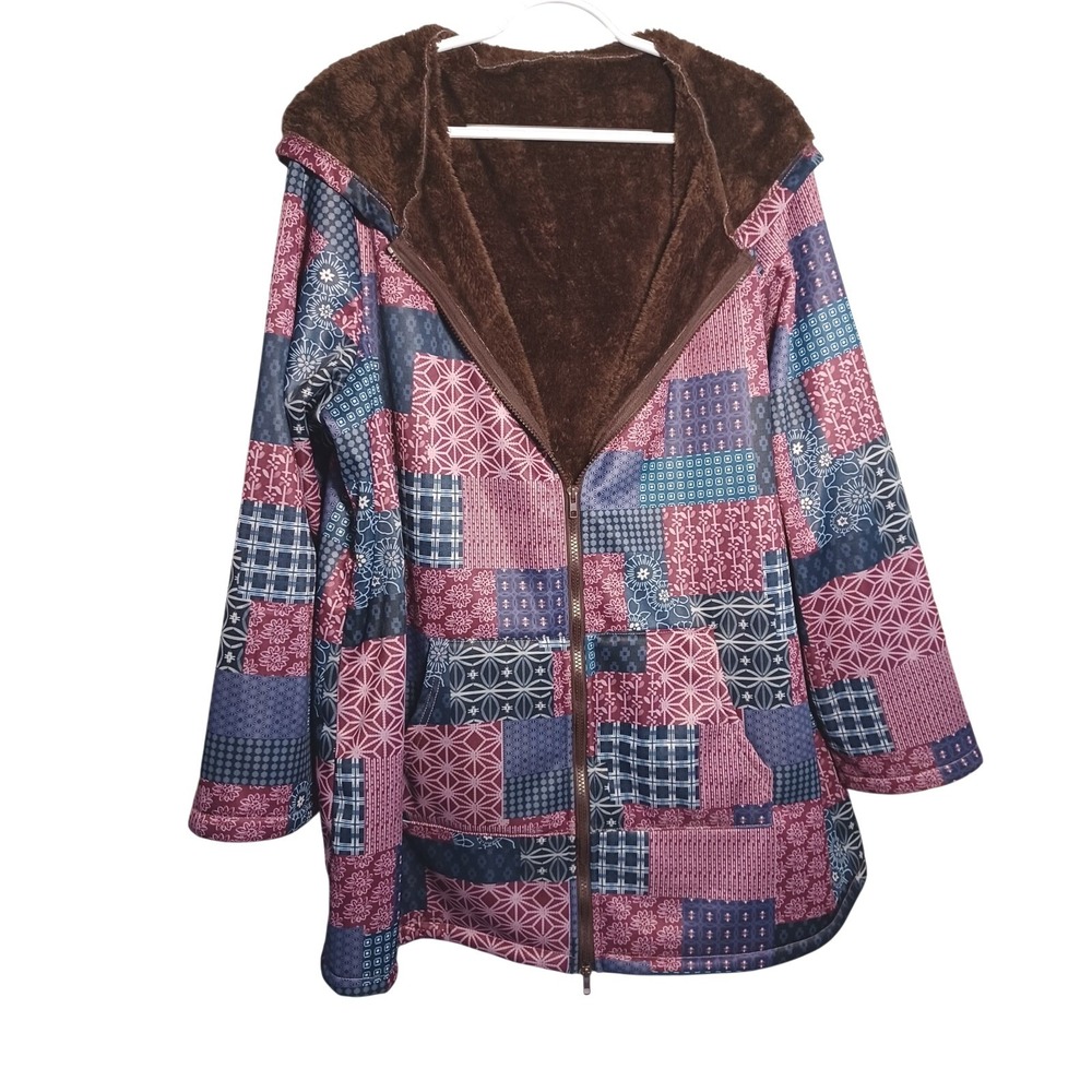 Shein Curve 3XL Boho Blue Purple Pink Patchwork Print Hooded Faux Fur Jacket